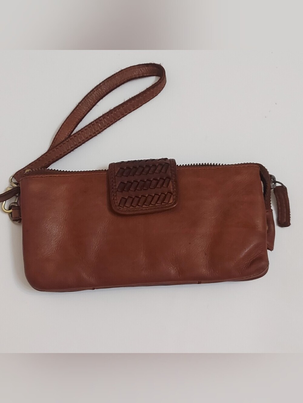 Brown Leather Wristlet Clutch with Woven Accent